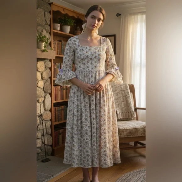 Vintage Handmade Floral Midi Dress with Purple Accents - Picture 2 of 11